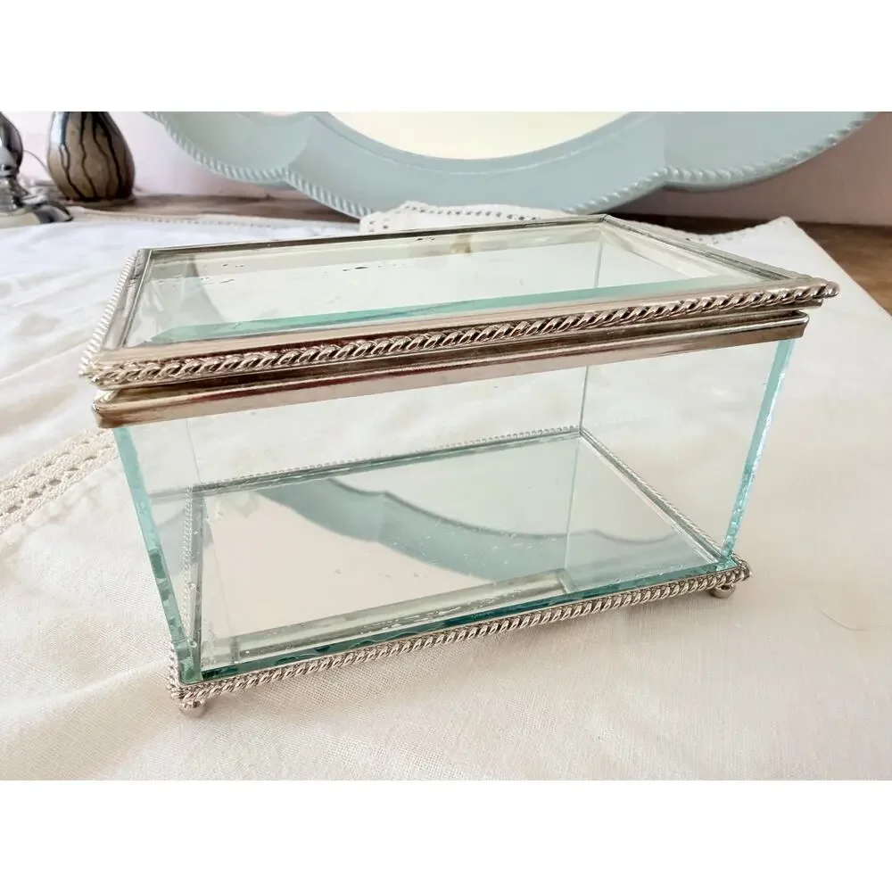 Studio Silversmiths Silver Plated Mirrored Glass Jewelry Box Rope Trim Vintage